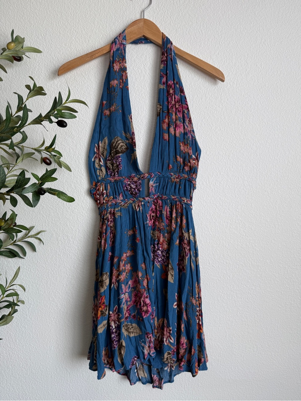 Lela Sky Blue Floral Boho Vacation Open Back Halter Mini Dress Womens Size Large